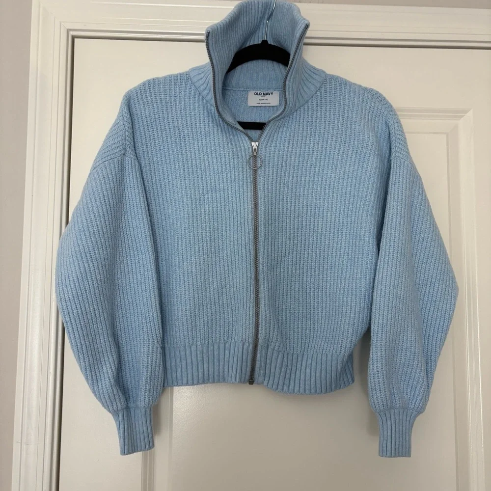 Old Navy Girls Light Blue SoSoft Collared Ribbed Zip-Up Knit Sweater